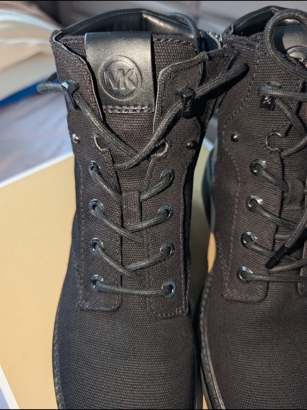 Michael Kors Black Canvas Lace-Up Ankle Boots with Side Zip